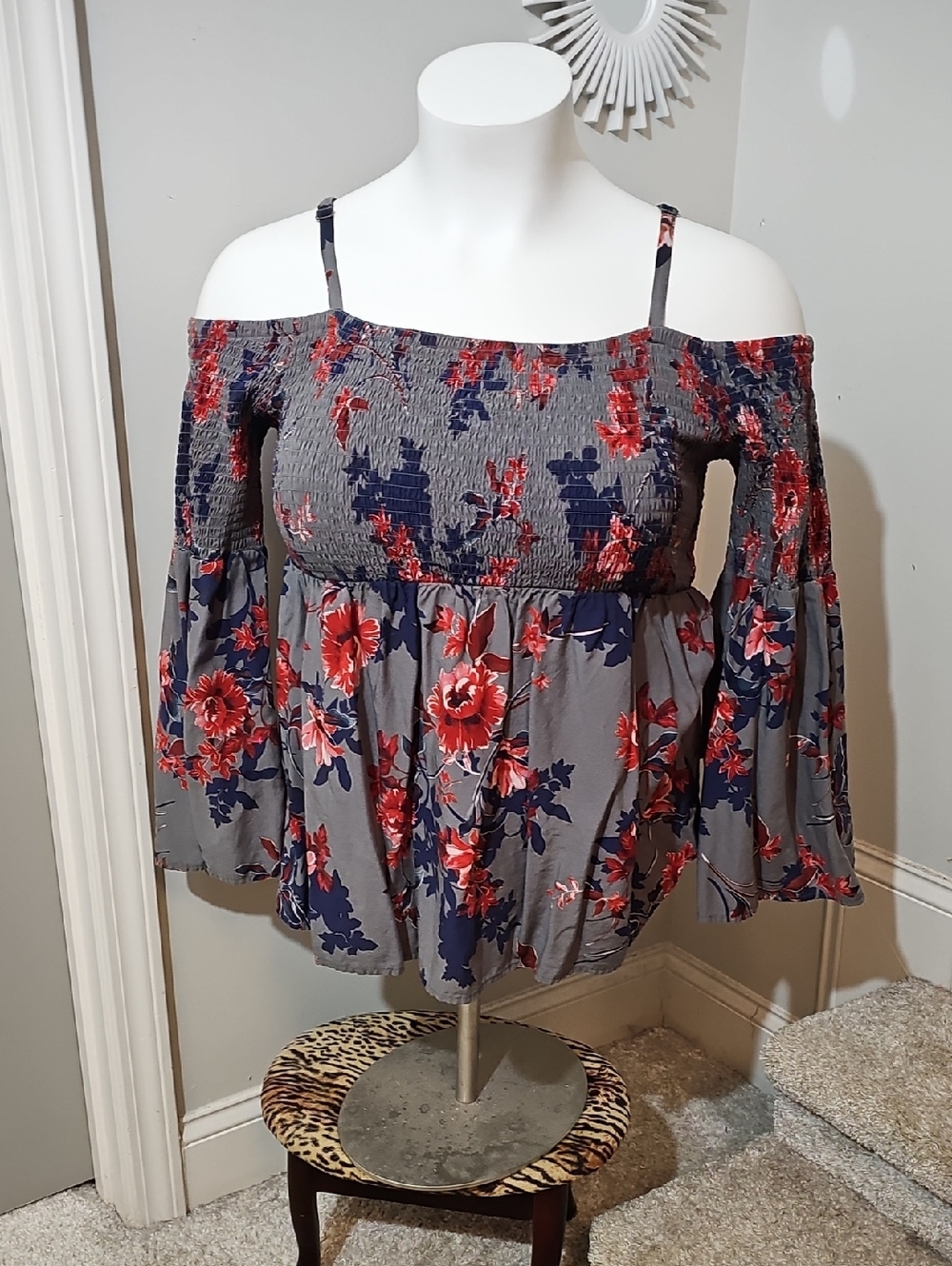 torrid Gray Off-Shoulder Floral Peasant Top with Red and Navy